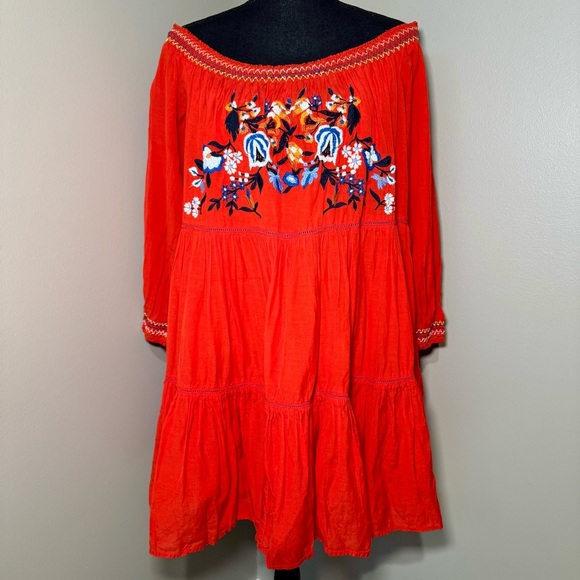Free People Sunbeams Mini embroidered dress red women’s size‎ large off shoulder - Picture 2 of 6